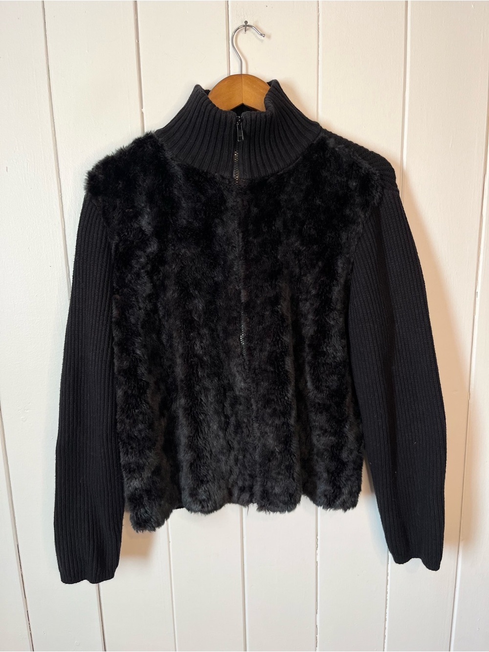 Parkhurst Black Faux Fur Ribbed Knit Zip Up Sweater.